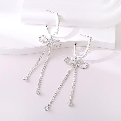 Bow Hoop Earrings for Women Gold/Silver Bow Statement Tassel Rhinestone Earrings Jewelry Gifts in Saudi Arabia