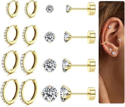 Hoop Stud Earrings Set for Multiple Piercing - Hypoallergenic Surgical Steel Earrings 14K Gold Plated Small Cartilage Huggie Hoop Earrings Flat Back Earrings for Women Men in Saudi Arabia