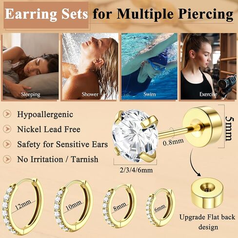 Hoop Stud Earrings Set for Multiple Piercing - Hypoallergenic Surgical Steel Earrings 14K Gold Plated Small Cartilage Huggie Hoop Earrings Flat Back Earrings for Women Men in Saudi Arabia