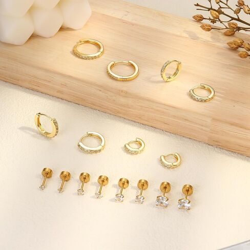 Hoop Stud Earrings Set for Multiple Piercing - Hypoallergenic Surgical Steel Earrings 14K Gold Plated Small Cartilage Huggie Hoop Earrings Flat Back Earrings for Women Men in Saudi Arabia