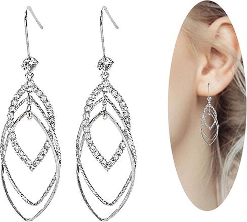 Sterling Silver Teardrop Dangle Earrings for Women,14k Gold Plated Double Linear Drop Hoop Diamonds Earrings (Silver) in Saudi Arabia