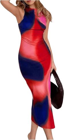 Milumia Women's Tie Dye Ruched Bodycon Tank Dress Sleeveless Crew Neck Long Pencil Dresses in Saudi Arabia