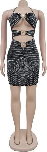 Sexy Dress for Women Party Club Night Elegant Halter O Ring Cut Out Sparkly Rhinestone Mini Bodycon Vestidos in Saudi Arabia