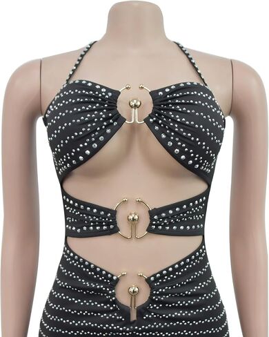 Sexy Dress for Women Party Club Night Elegant Halter O Ring Cut Out Sparkly Rhinestone Mini Bodycon Vestidos in Saudi Arabia
