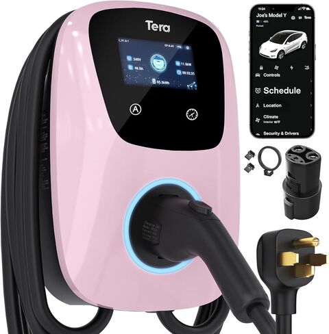 Tera Electric Vehicle Charger for Tesla: J1772 Level 2 EVs ETL Certified 48 40 Amp 240 Volt Home EVSE with Manual Setting Amps Schedule on Unit NEMA 14-50 25 FT Cable Silver in Saudi Arabia