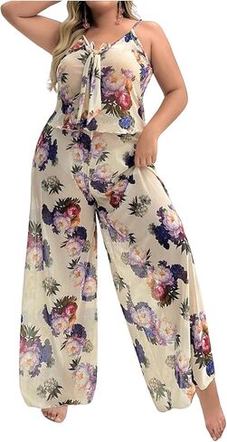 OYOANGLE Women's Plus Size 2 Piece Pajama Set PJ Loungewear Floral Cami Top and Long Pajama Pant Set in Saudi Arabia