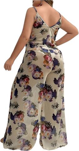 OYOANGLE Women's Plus Size 2 Piece Pajama Set PJ Loungewear Floral Cami Top and Long Pajama Pant Set in Saudi Arabia