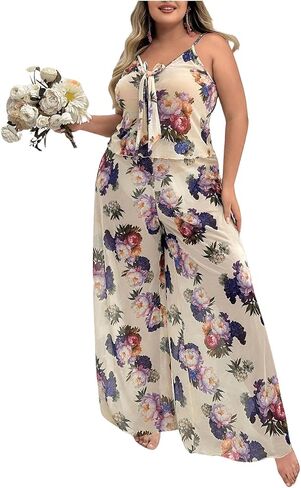 OYOANGLE Women's Plus Size 2 Piece Pajama Set PJ Loungewear Floral Cami Top and Long Pajama Pant Set in Saudi Arabia