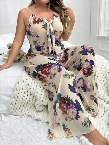 OYOANGLE Women's Plus Size 2 Piece Pajama Set PJ Loungewear Floral Cami Top and Long Pajama Pant Set in Saudi Arabia