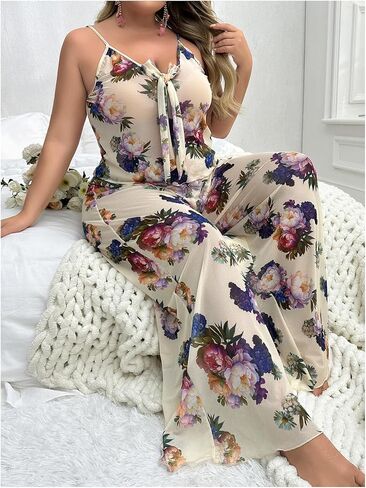 OYOANGLE Women's Plus Size 2 Piece Pajama Set PJ Loungewear Floral Cami Top and Long Pajama Pant Set in Saudi Arabia