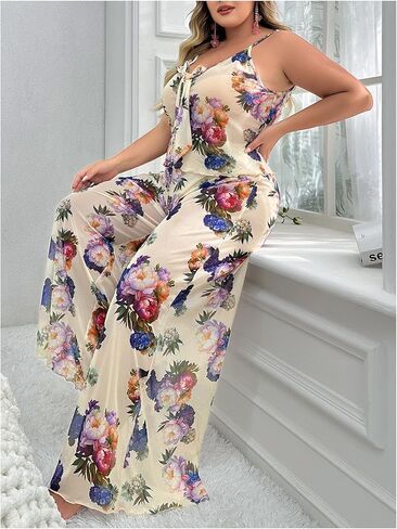 OYOANGLE Women's Plus Size 2 Piece Pajama Set PJ Loungewear Floral Cami Top and Long Pajama Pant Set in Saudi Arabia