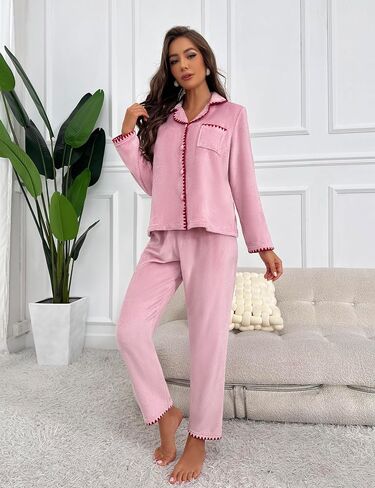 طقم بيجامات صوف غامض للنساء من الفلانيل 2 قطعة شتاء دافئ بأزرار سفلية مجموعات Pjs ملابس النوم in Saudi Arabia