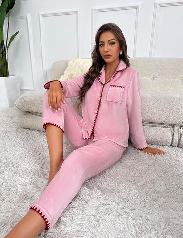 طقم بيجامات صوف غامض للنساء من الفلانيل 2 قطعة شتاء دافئ بأزرار سفلية مجموعات Pjs ملابس النوم in Saudi Arabia