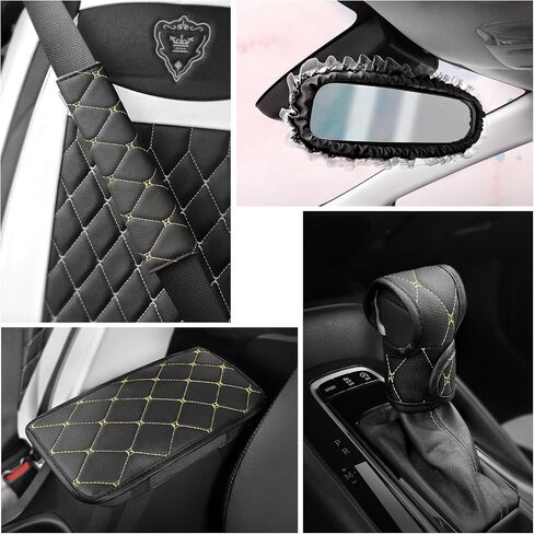 Car Armrest Box Pad Seat Belt Cover Shield Handle Cover Mirror Cover Set Auto PU Leather White Black Car Accessories Universal 4 Pieces (4-Piece Set-White) in Saudi Arabia
