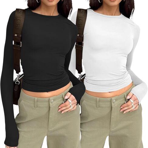 Long Sleeve Shirts for Women Pack Crew Neck Crop Tops Solid Slim Fit Tees Casual Basic Y2K Tshirts in Kuwait