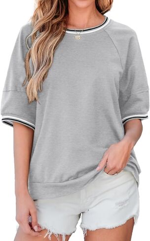 Dokotoo T Shirts for Women Striped Color Block Loose Fit Round Neck Womens Tops Fashion 2025 Oversized Tshirts for Women in Kuwait