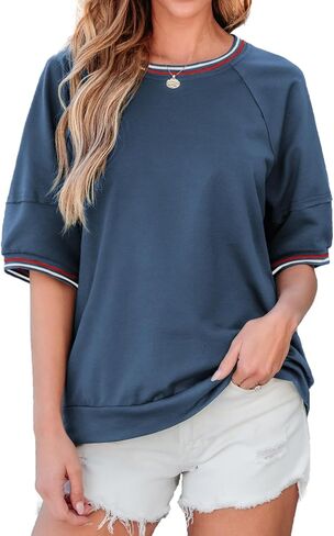 Dokotoo T Shirts for Women Striped Color Block Loose Fit Round Neck Womens Tops Fashion 2025 Oversized Tshirts for Women in Kuwait