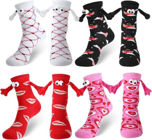 4 أزواج من جوارب عيد الحب المغناطيسية التي تمسك باليد، جوارب مضحكة تحمل اليد للنساء والصديقات، جوارب سخيفة مجنونة، جوارب ثلاثية الأبعاد مطبوعة على شكل قلب لهدايا عيد الحب المبتكرة in Kuwait