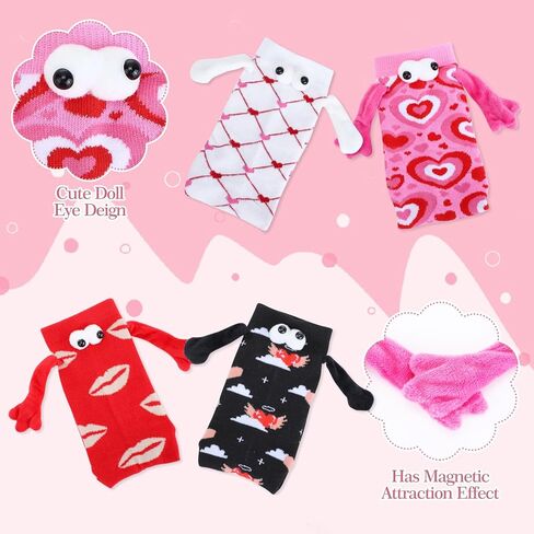 4 أزواج من جوارب عيد الحب المغناطيسية التي تمسك باليد، جوارب مضحكة تحمل اليد للنساء والصديقات، جوارب سخيفة مجنونة، جوارب ثلاثية الأبعاد مطبوعة على شكل قلب لهدايا عيد الحب المبتكرة in Kuwait