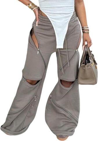 DINGANG سروال رياضي فضفاض واسع الساق للسيدات عالي الخصر متوهج Y2K متعدد السحاب برباط البضائع Sweatpant in Kuwait