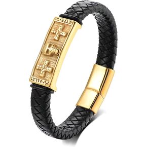 Mens Braided Black Leather Bracelet with Golden Skull and Double Cross, Stainless Steel Black and Gold ID Bracelet for Men