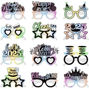 12Pcs 2025 New Years Glasses Glitter Happy New Year Glasses, New Years Decorations 2025 Glasses for New Years Colorful Decorations 2025 Colorful Nye Glasses 2025 for Colorful Nye Decorations 2025