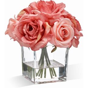 WELL KNOWN Rose Artificial Flowers in Vase with Faux Water, Silk Rose Table Centerpieces for Home Coffee Table Decor, Fake Roses Flower Arrangements for Office Hotel Lavatory Decor (Blue)