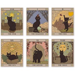 XUOIAYNB Black Cat Tarot Art Prints- Retro The Sun Moon Star Lovers Fool Magician Cat Canvas Wall Art (8"x10"x6pcs, Unframed)- Astrology Tarot Themed Artworkt for Girls Bedroom Decor