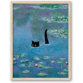 iHery Natural OAK Wood Framed Wall Art, 12x16in Claude Monet Waterlily Funny Black Cat Artwork Set of 1, Canvas Bedroom Wall Decor, Vintage Painting Impressionism Landscape for Bathroom Living Room
