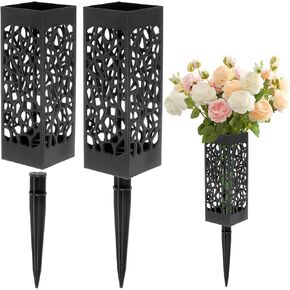 2-Pack Cemetery Vases with Spikes, Plastic Flower Holder Grave Decorations Drainage Holes for Gravestone/Headstone/Memorial/Cemetery/Grave Markers, Floral Holder Vases [Black]