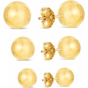 14K Gold Plated Ball Stud Earrings (3-Pair-Pack) 4MM 6MM and 8MM, High Polish, Hypoallergenic Gold Earrings Set for Women