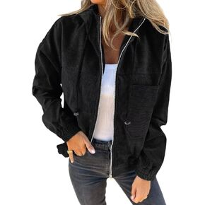 VICHYIE Corduroy Drawstring Hooded Pocket Zip Up Jacket Loose Shacket Coat