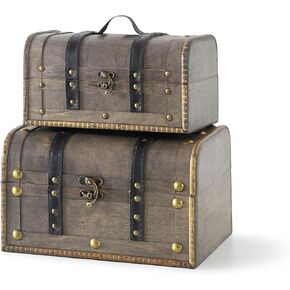 Soul & Lane Small Treasure Chest with Handle and Hinged Lid - Set of 2, Decorative Pirate Chest Trunk for Props and Home Décor, Vintage Wooden Storage Box for Keepsakes