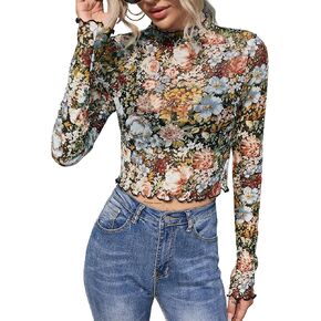Remidoo Women's Mesh Top Tie Dye Sexy Sheer Long Sleeve Crop Tops Shirt