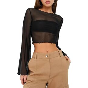 Remidoo Womens Bell Sleeve Mock Neck Mesh Top Floral Print Lettuce Trim T Shirt