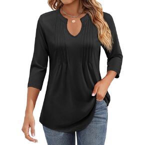 Womens 3/4 Sleeve Tunic Tops Notch V Neck Shirts Business Casual Blouses Pleat Front Tops Loose Fit Dressy Outfit
