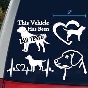 Labrador Retriever Decal 4 Pack: This Vehicle Has Been Lab Tested, Labrador Heart, Lab Heartbeat, Labrador Retriever Head (Large ~5", White)