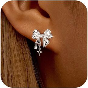 Silver Bow Earrings Cute Ribbon Bowknot Stud Earrings for Women Dainty Cubic Zirconia Cartilage Hypoallergenic Earring Holiday Party Prom Birthday Trendy Jewelry Gifts for Her