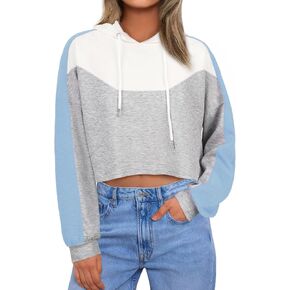 FAIRY SEASON Women Cropped Hoodies Long Sleeve Oversized Hooded Sweatshirt Color Block Crop Top Shirt Y2K Workout Pullover