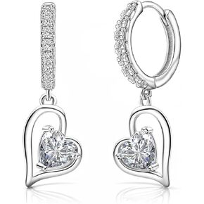 Sterling Silver Heart Dangle Hoop Earrings for Women White Gold Cubic Zirconia Heart Dangle Drop Earrings Hypoallergenic Birthstone Jewelry Dangling Earrings for Daughter Wife Birthday Christmas