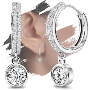 Silver Hoop Earrings for Women - Sterling Silver Hypoallergenic Loop Earrings Trendy Round Cubic Zirconia Huggie Earrings for Sensitive Ears Fashion Classic Lightweight Earrings Gifts for Birthday