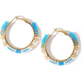 Gold Handmade Boho Beaded Hoop Earrings for Women, Statement Colorful Handwoven Bohemian Black White Seed Beads Huggie Earring Prom Holiday Jewelry Gift.