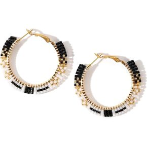 Gold Handmade Boho Beaded Hoop Earrings for Women, Statement Colorful Handwoven Bohemian Black White Seed Beads Huggie Earring Prom Holiday Jewelry Gift. in Kuwait