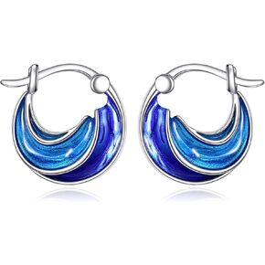 Blue Enamel Hoop Earrings 18mm 925 Sterling Silver Ocean Wave Earrings Huggie Hoop Earrings for Women