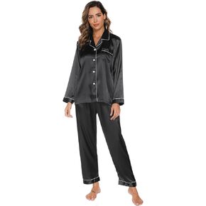 Satin Pajamas Set, Women's Long Sleeve Sleepwear Button Down Simulation Silk Loungewear