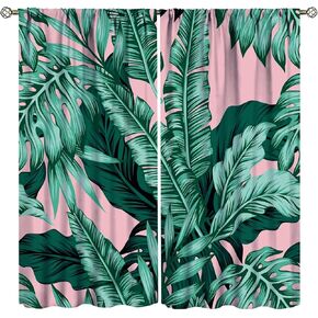 Tropical Palm Leaf Curtains Banana Leaves Theme Green Pink Curtain with Rod Pocket for Living Room Kitchen Bedroom Dorm Home Decor Drapes Window Treatments 2 Panels Set 42x54 Inch