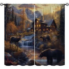 Rustic Cabin Blackout Curtains for Girls Boy Home Decor, Vintage Lodge Bear Moose Deer Country Rod Pocket Thermal Insulated Drapes Darkening Window Curtain for Bedroom Living Room, 42 x 63 Inch