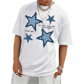 Men's Graphic Tees Star Denim Patchwork Short Sleeve Crew Neck Y2k Tops T Shirts for Men Trendy