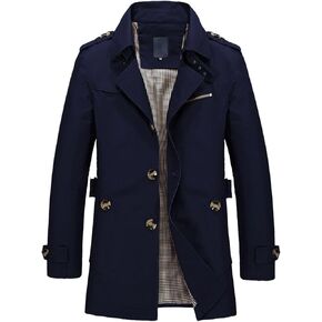 Men's Classy Trench Coat Long Sleeve Lightweight Topcoat Vintage Fall Top Collared Single Breasted Slim Fit Jacket
