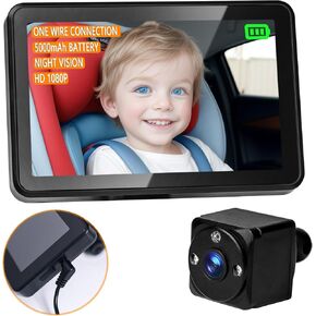 Baby Car Camera with Battery USB Powered, HD 1080P Car Baby Monitor Single Wire Connection, IR Night Vision Car Seat Camera, Easy to Install Rear Facing 170° Backseat Camera with Screen for Parents